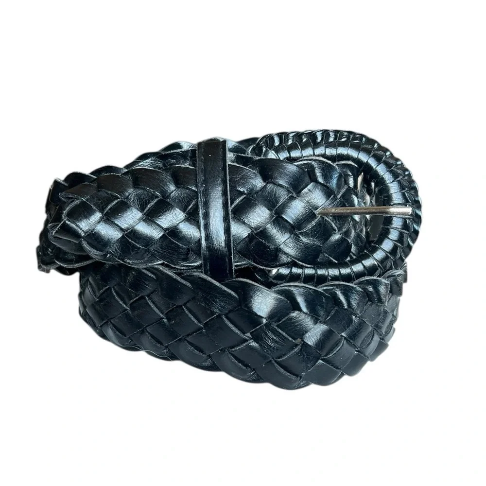 Black Wide Woven Faux Leather Belt Western Boho Casual